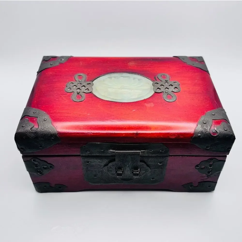 Chinese Hangzhou Wood Jewelry Box Carved Green Stone Metal Hardware